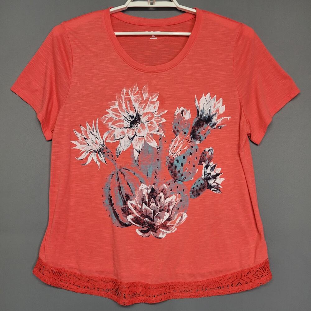 Kim Rogers Shirt Womens XL Coral Pink Cactus Floral Lace Hem Graphic Casual Top